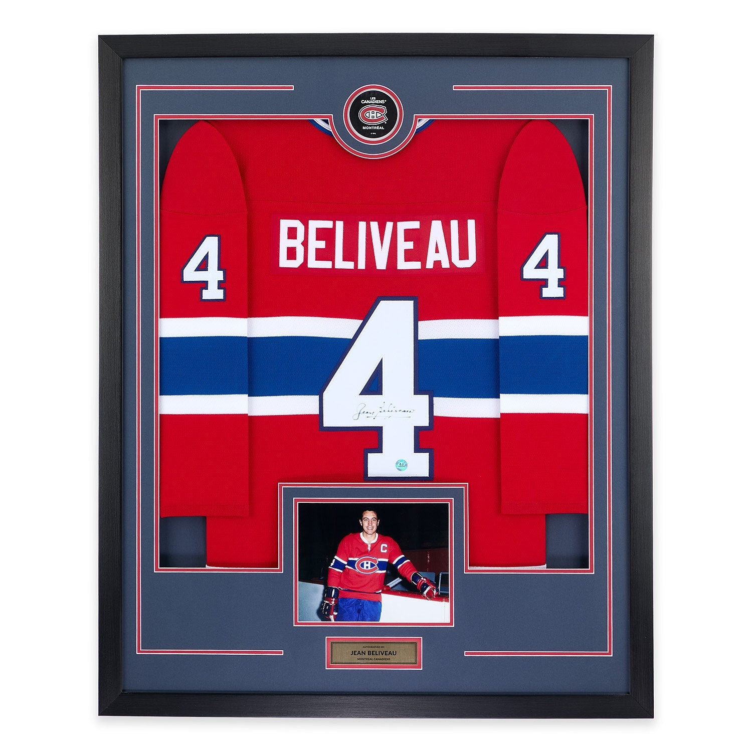 Jean Beliveau Signed Montreal Canadiens Puck Logo 36x44 Jersey Frame (FLAWED)