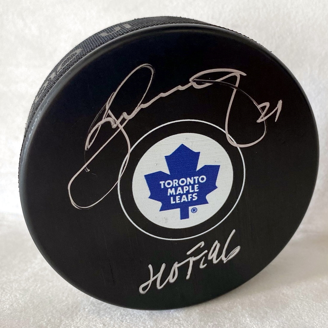 Borje Salming Signed Toronto Maple Leafs Hockey Puck With HOF 96 Note