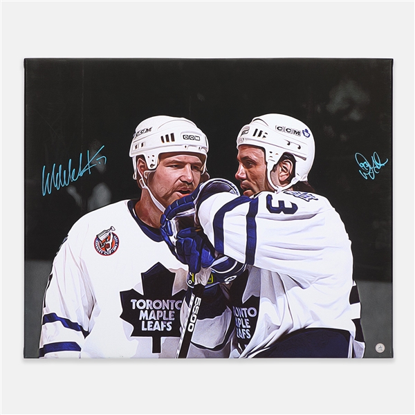 Wendel Clark & Doug Gilmour Dual Signed Maple Leafs 26x32 Art Canvas (Flawed)