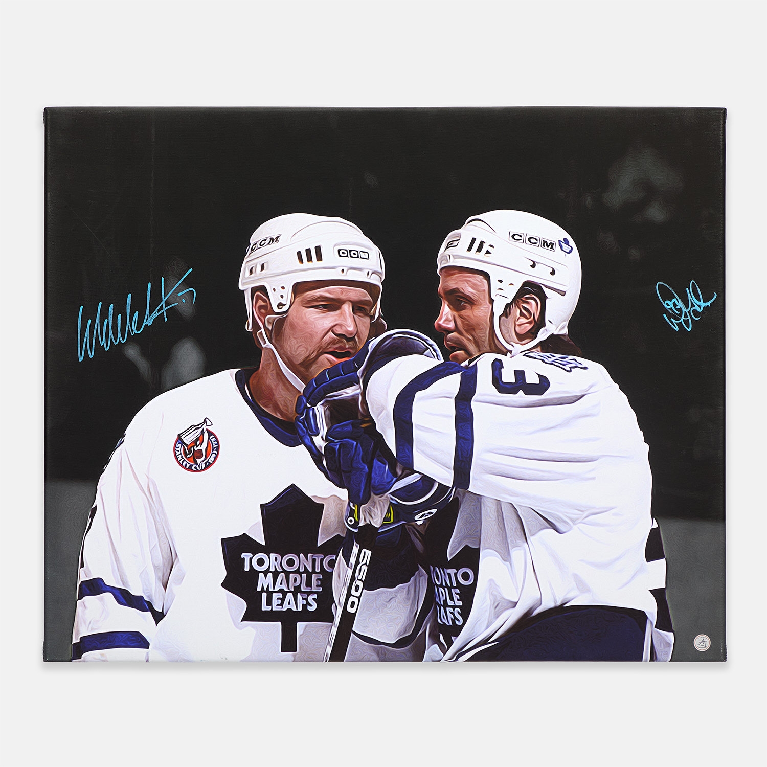 Wendel Clark & Doug Gilmour Dual Signed Maple Leafs 26x32 Art Canvas (Flawed)