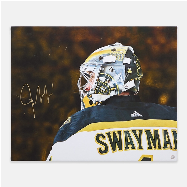 Jeremy Swayman Signed Bruins Hockey Goalie 26x32 Art Canvas (Flawed)