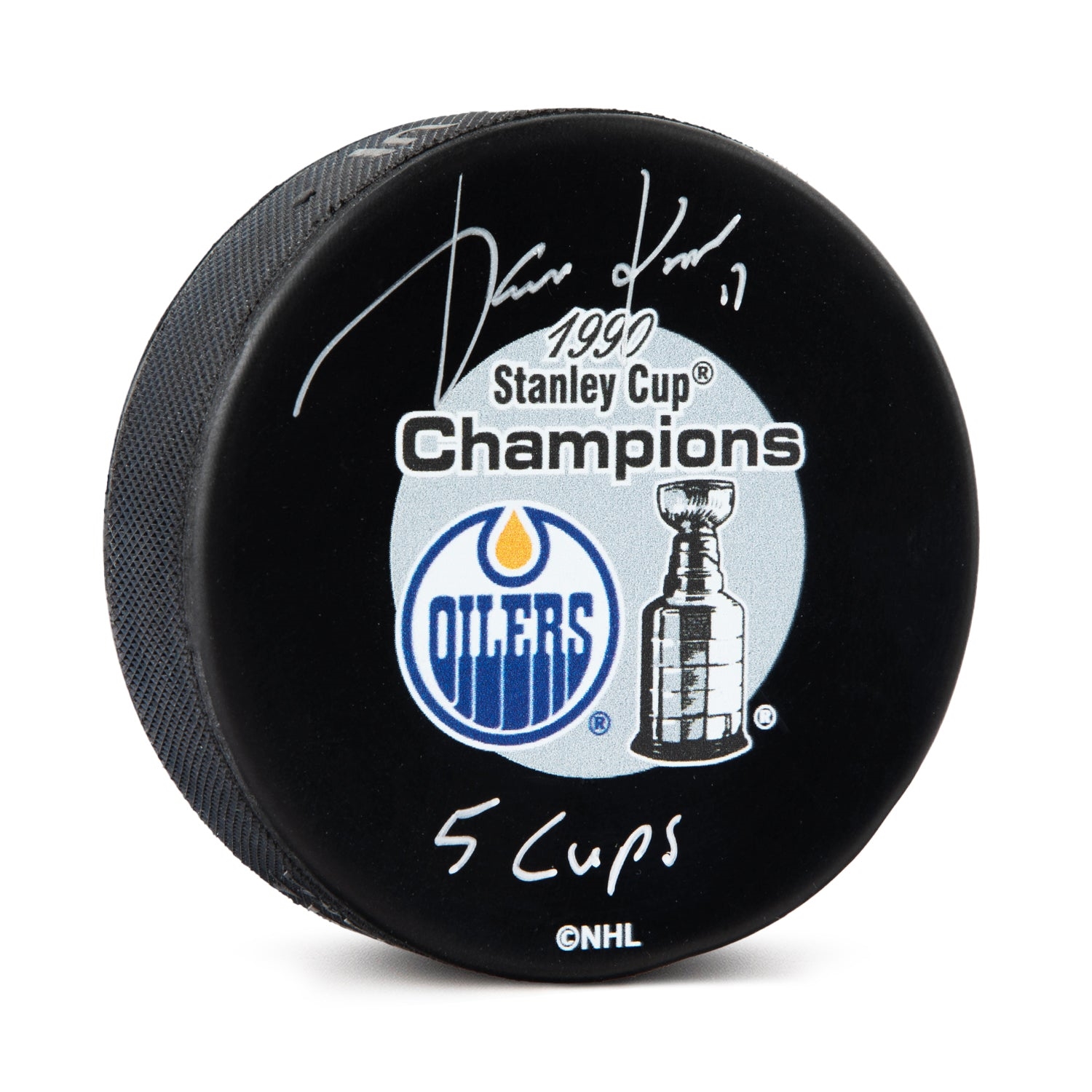 Jari Kurri Signed Edmonton Oilers 1990 Stanley Cup Puck with 5 Cups Note