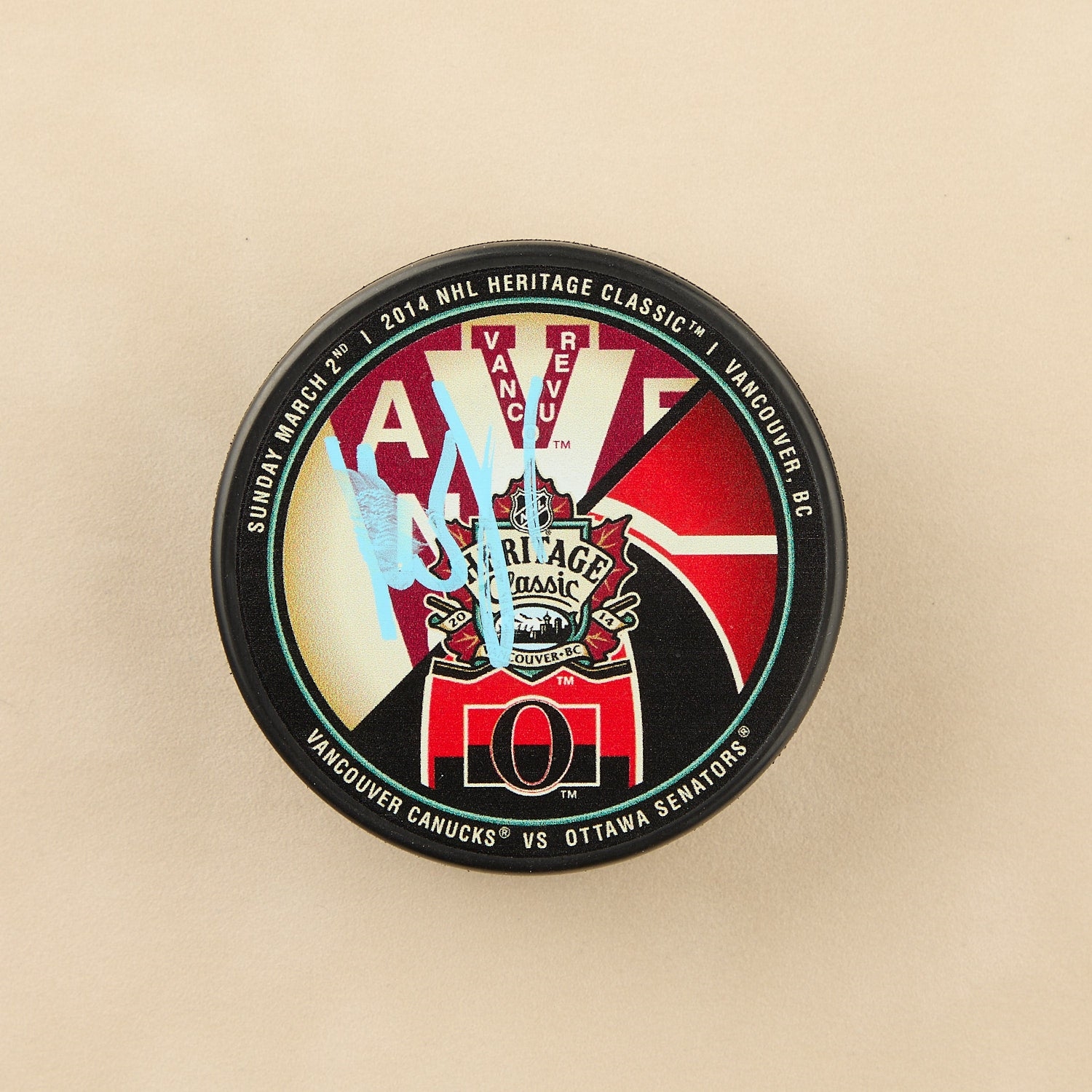 Roberto Luongo Signed Vancouver Canucks 2014 Heritage Classic Puck (Flawed)