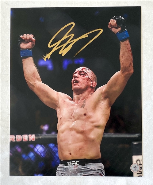 Georges St-Pierre Autographed UFC Bloody Champion 11x14 Photo (Flawed)