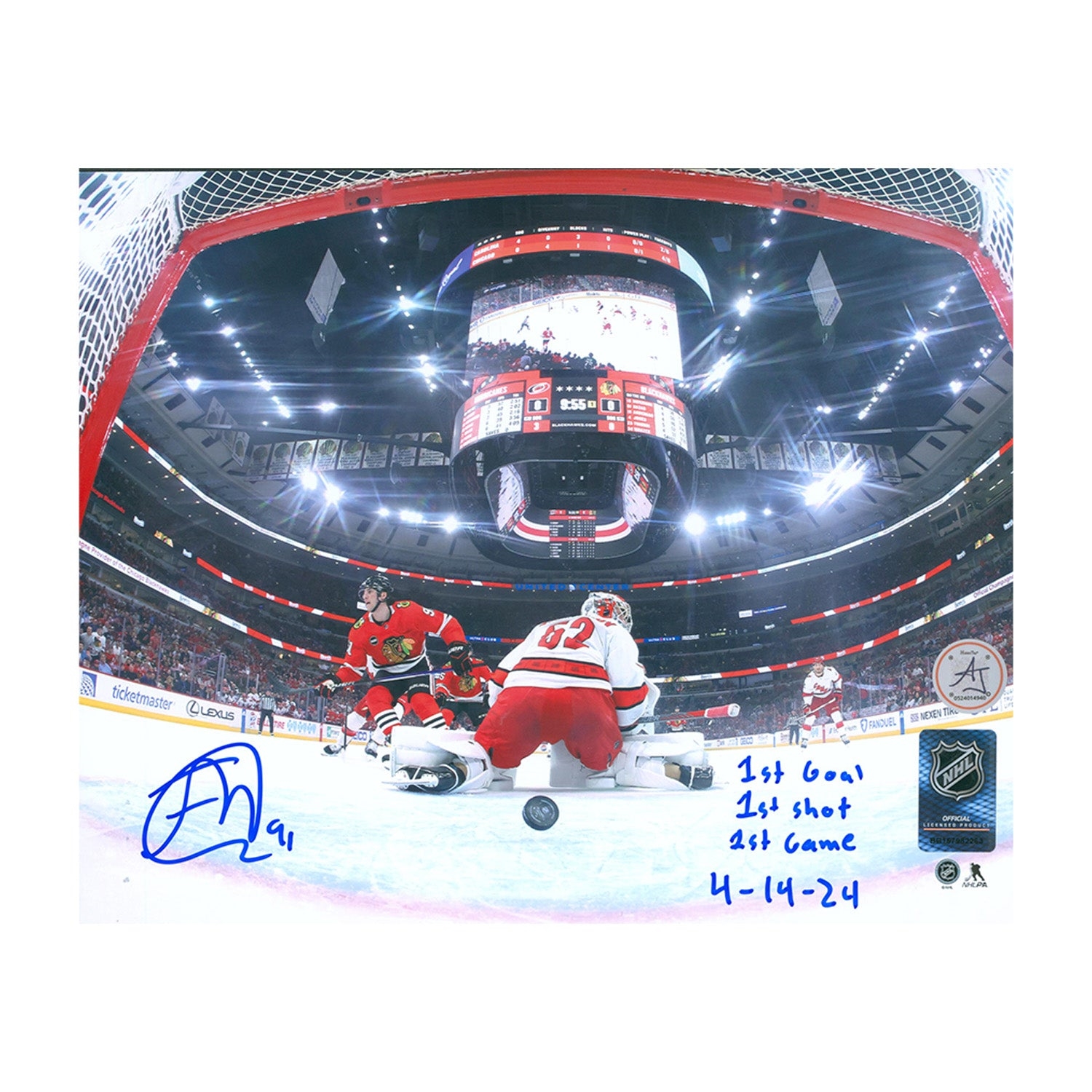 Frank Nazar Signed Chicago Blackhawks 1st Goal 8x10 Photo with Inscriptions