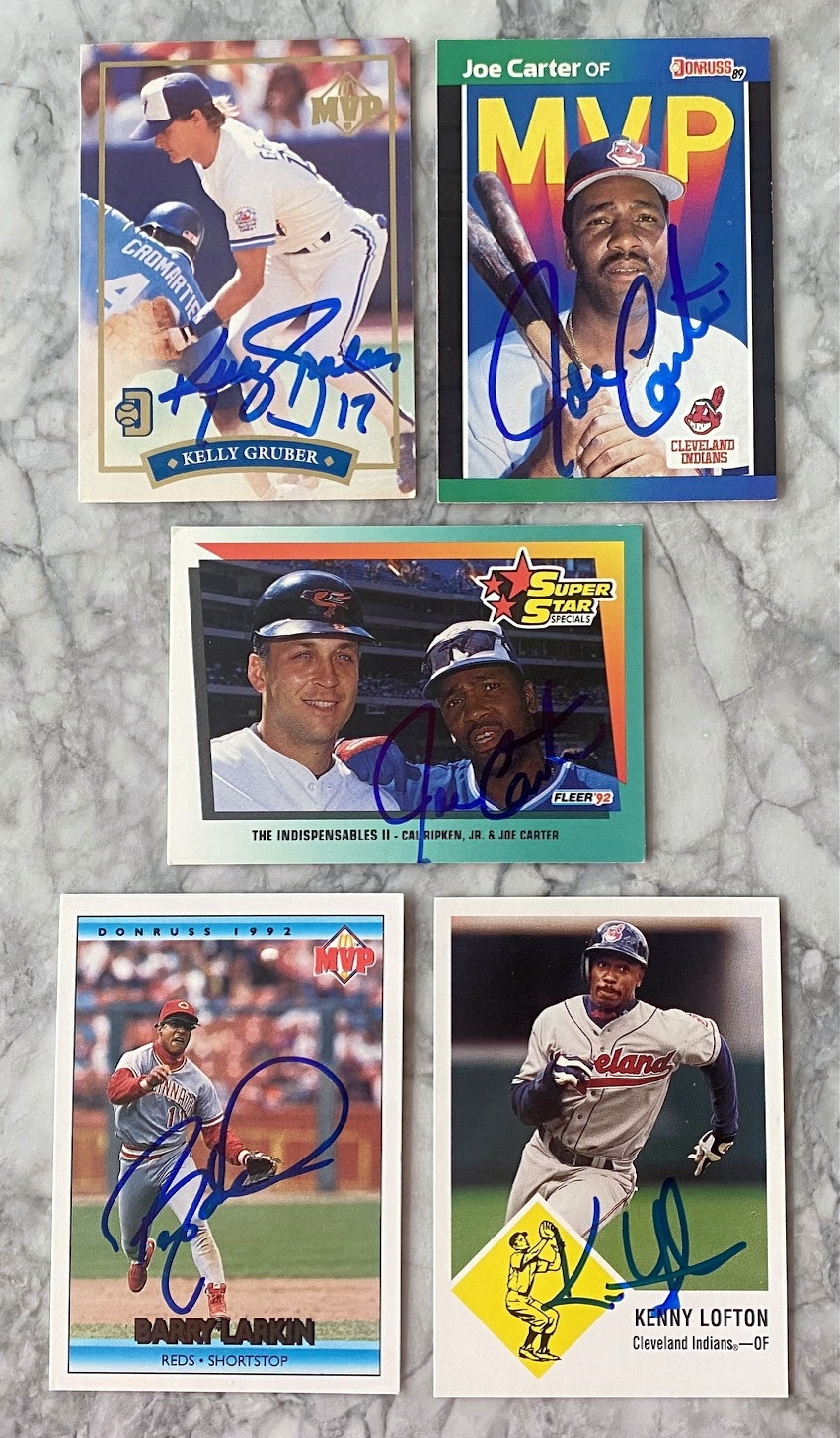 Lot of 5 Signed Baseball Cards: Carter, Gruber, Lofton, Larkin