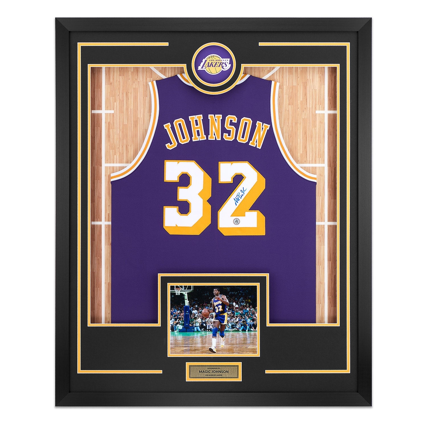 Magic Johnson Signed Los Angeles Lakers Team Logo 36x44 Jersey Frame