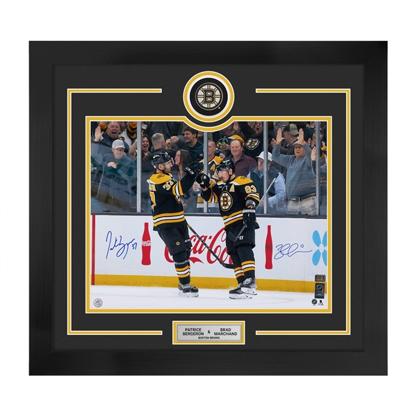 Patrice Bergeron & Brad Marchand Dual Signed Boston Bruins Puck Logo 28x30 Frame