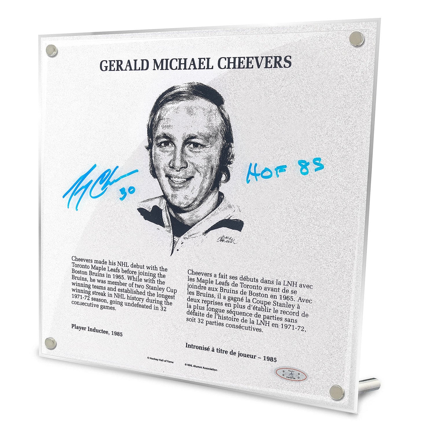 Gerry Cheevers Autographed Replica Hockey Hall of Fame Plaque