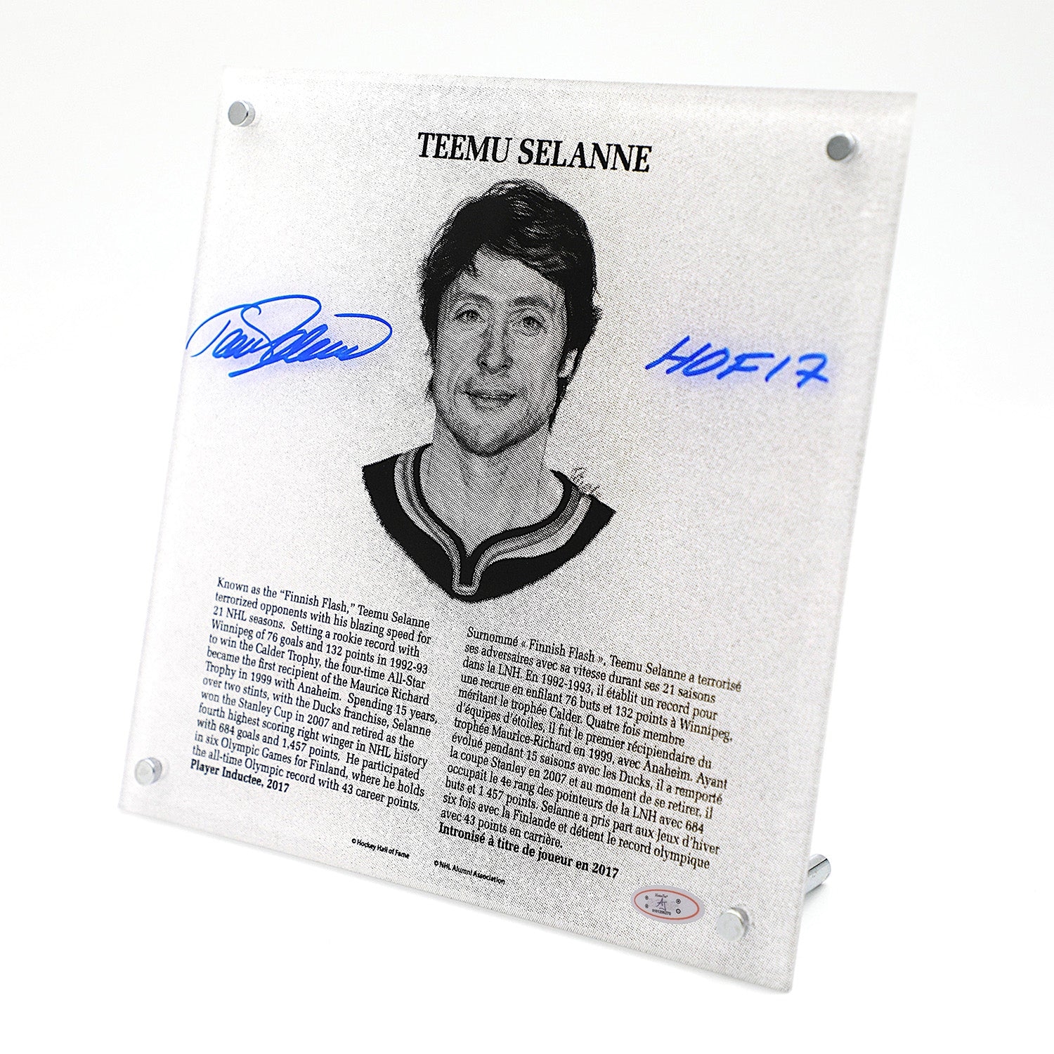 Teemu Selanne Autographed Replica Hockey Hall of Fame Plaque