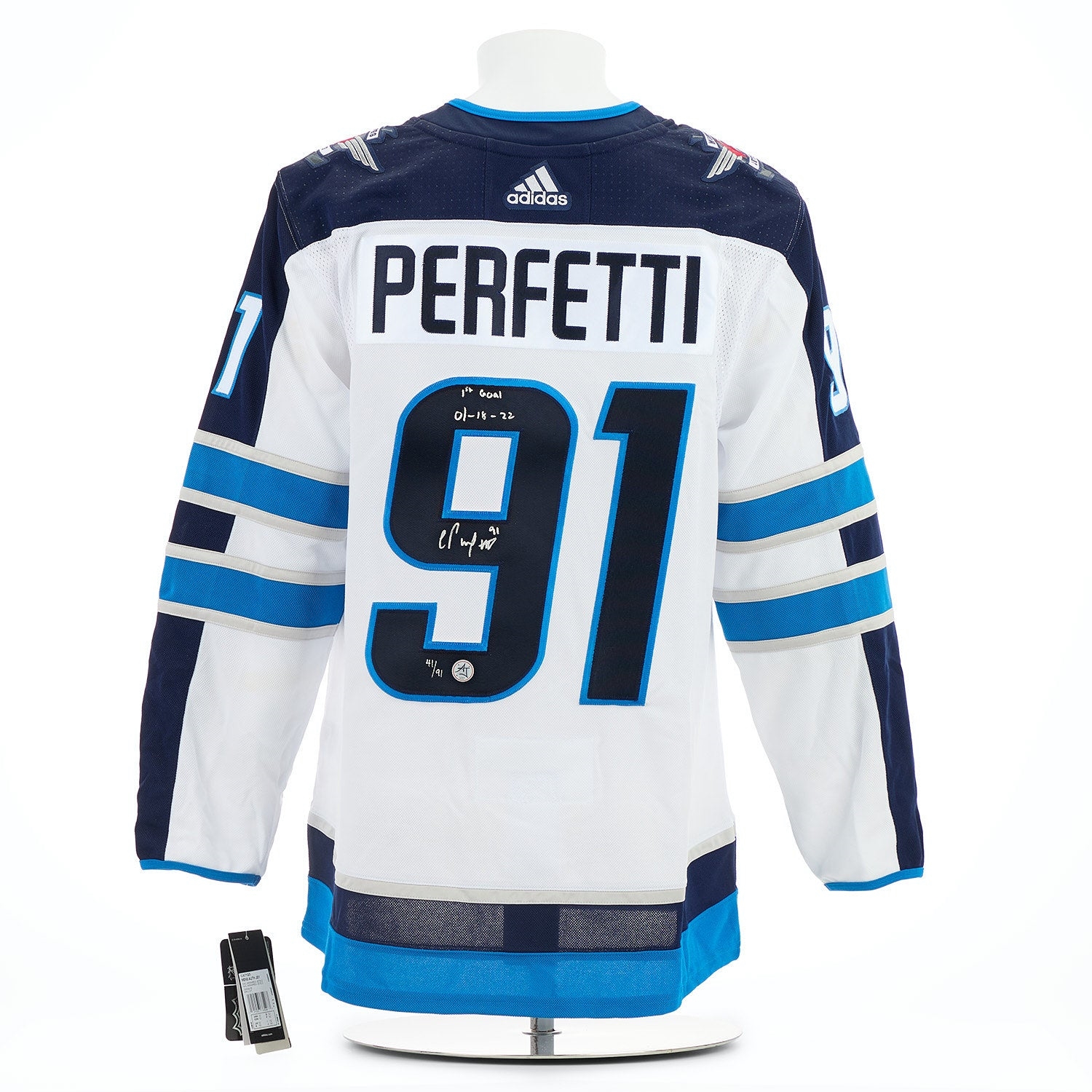Cole Perfetti Signed Winnipeg Jets White adidas Jersey with 1st Goal Note #41/91
