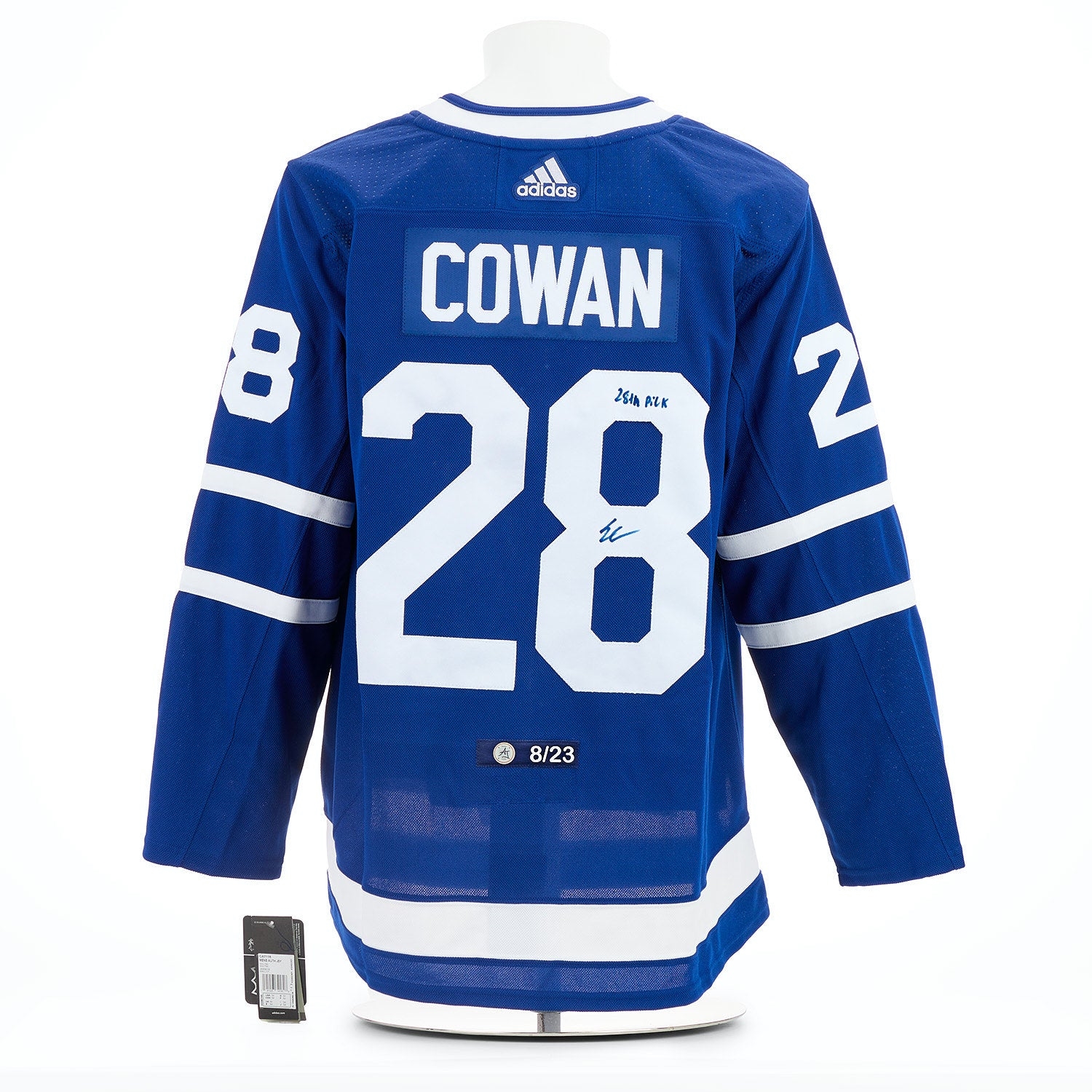 Easton Cowan Signed Toronto Maple Leafs Blue adidas Jersey with 28th Pick Note
