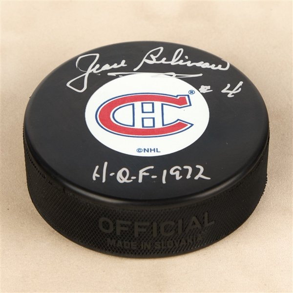 Jean Beliveau Autographed Montreal Canadiens Hockey Puck with HOF Note
