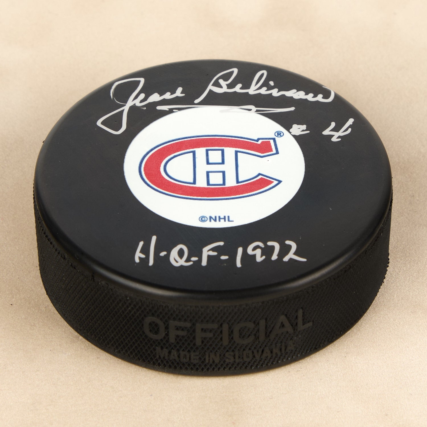 Jean Beliveau Autographed Montreal Canadiens Hockey Puck with HOF Note