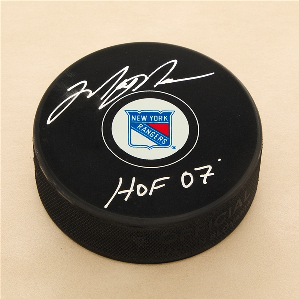 Mark Messier Signed New York Rangers Hockey Puck with HOF Note