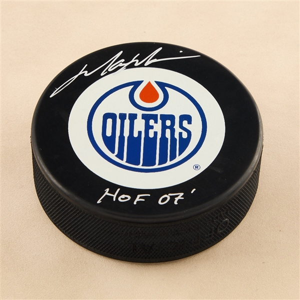 Mark Messier Autographed Edmonton Oilers Logo Puck with HOF Note