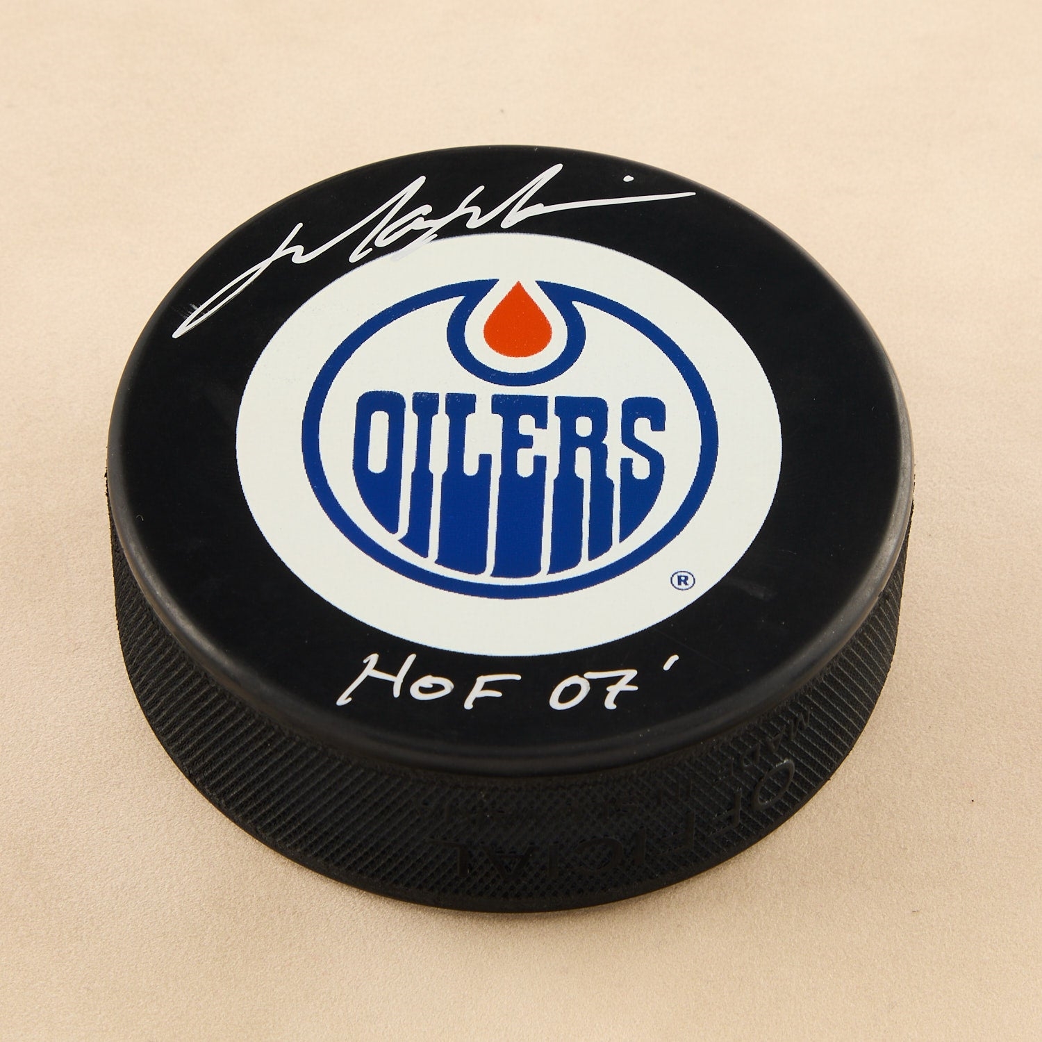 Mark Messier Autographed Edmonton Oilers Logo Puck with HOF Note