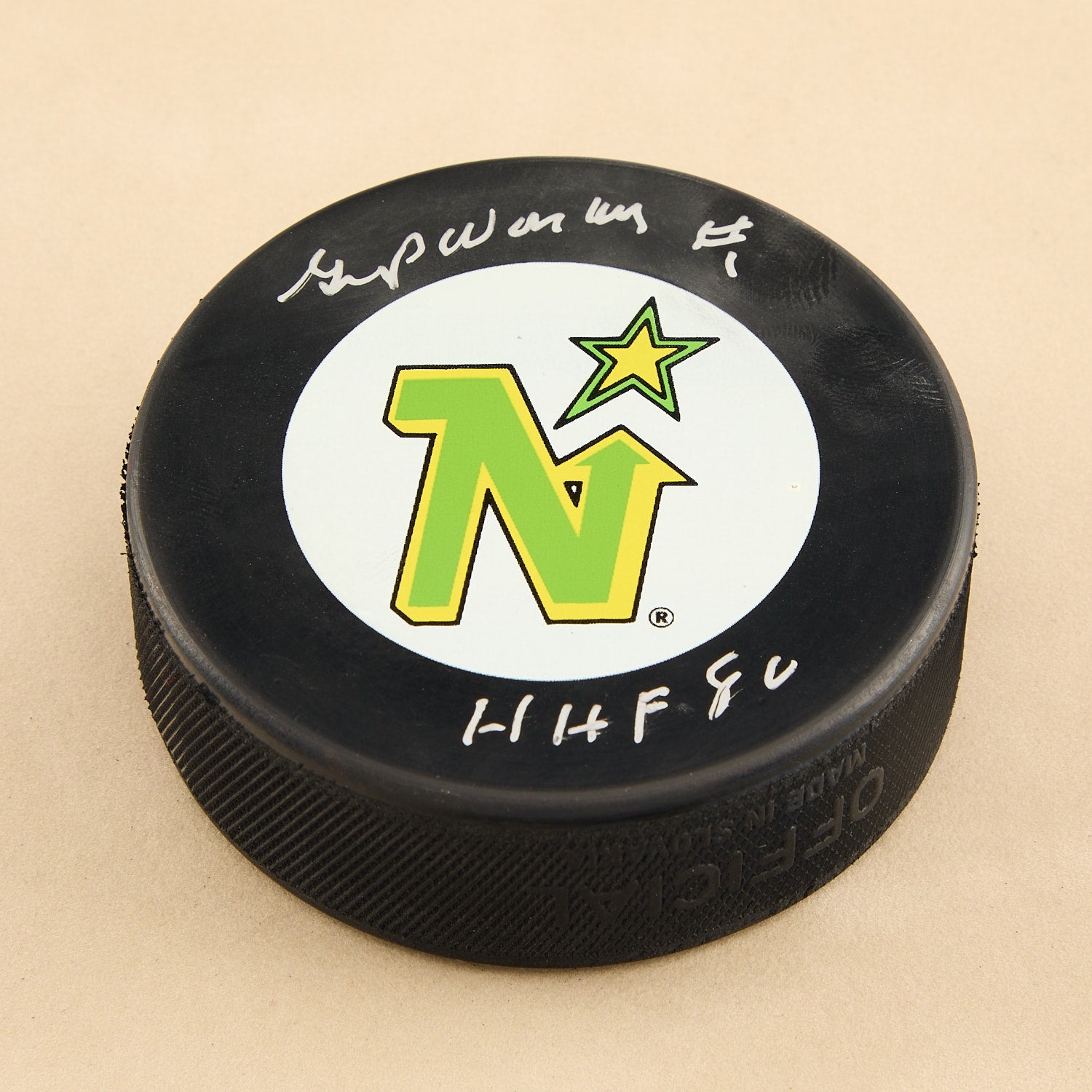 Gump Worsley Signed Minnesota North Stars Hockey Puck with HOF Note