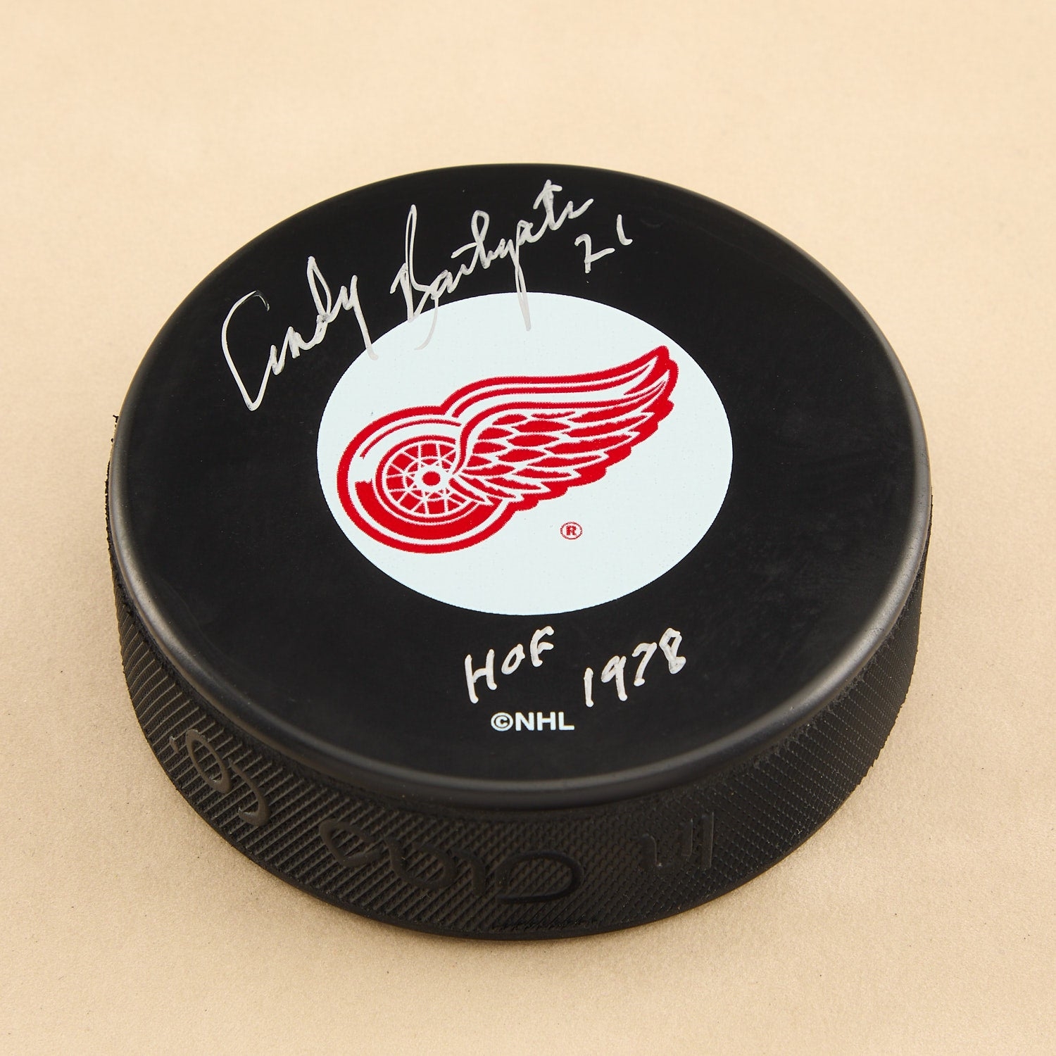 Andy Bathgate Signed Detroit Red Wings Hockey Puck with HOF Note