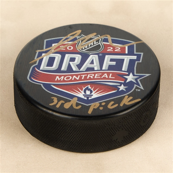 Logan Cooley Signed 2022 NHL Entry Draft Puck with 3rd Pick Note