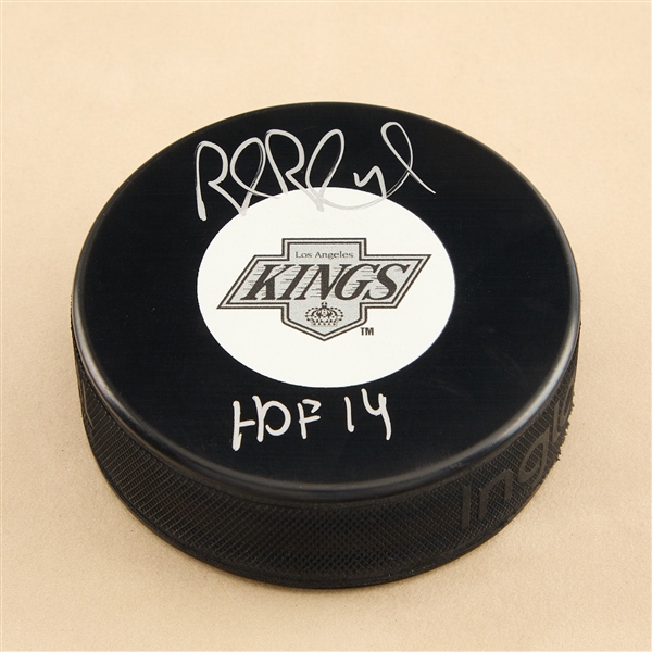 Rob Blake Signed Los Angeles Kings Vintage Logo Puck with HOF Note