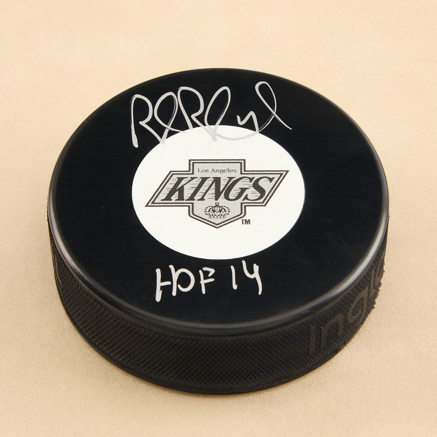 Rob Blake Signed Los Angeles Kings Vintage Logo Puck with HOF Note