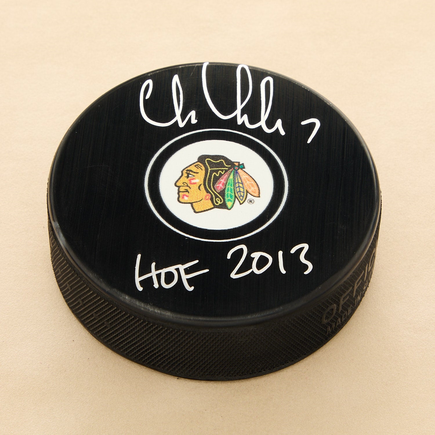 Chris Chelios Signed Chicago Blackhawks Hockey Puck with HOF Note