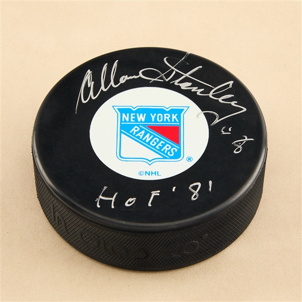 Allan Stanley Signed New York Rangers Hockey Puck with HOF Note