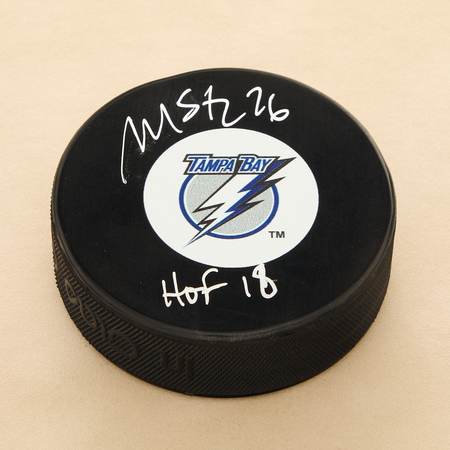 Martin St Louis Signed Tampa Bay Lightning Retro Logo Puck with HOF 18 Note