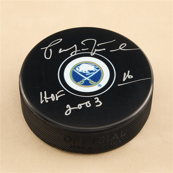 Pat LaFontaine Signed Buffalo Sabres Hockey Puck with HOF Note