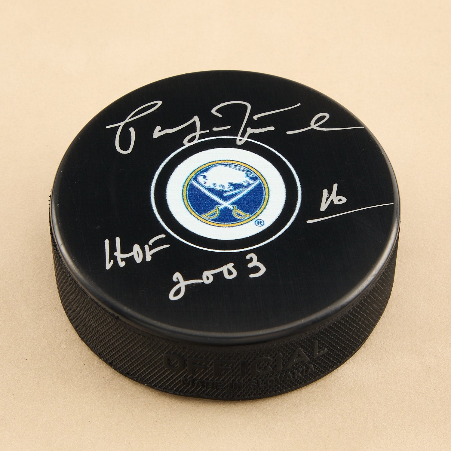 Pat LaFontaine Signed Buffalo Sabres Hockey Puck with HOF Note