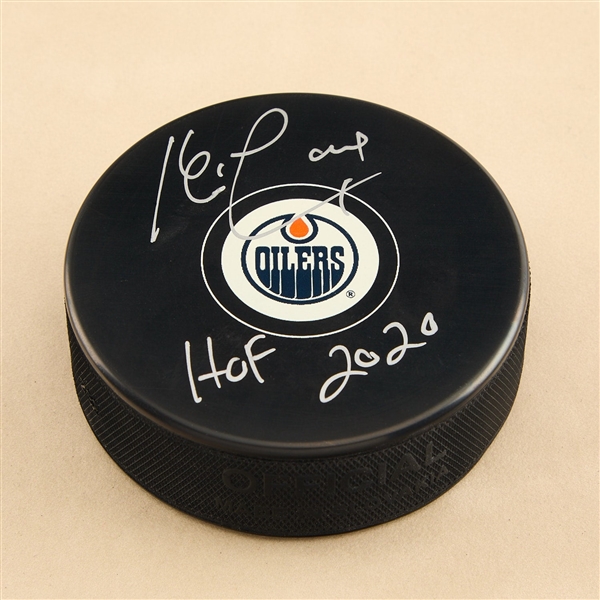 Kevin Lowe Signed Edmonton Oilers Hockey Puck with HOF Note