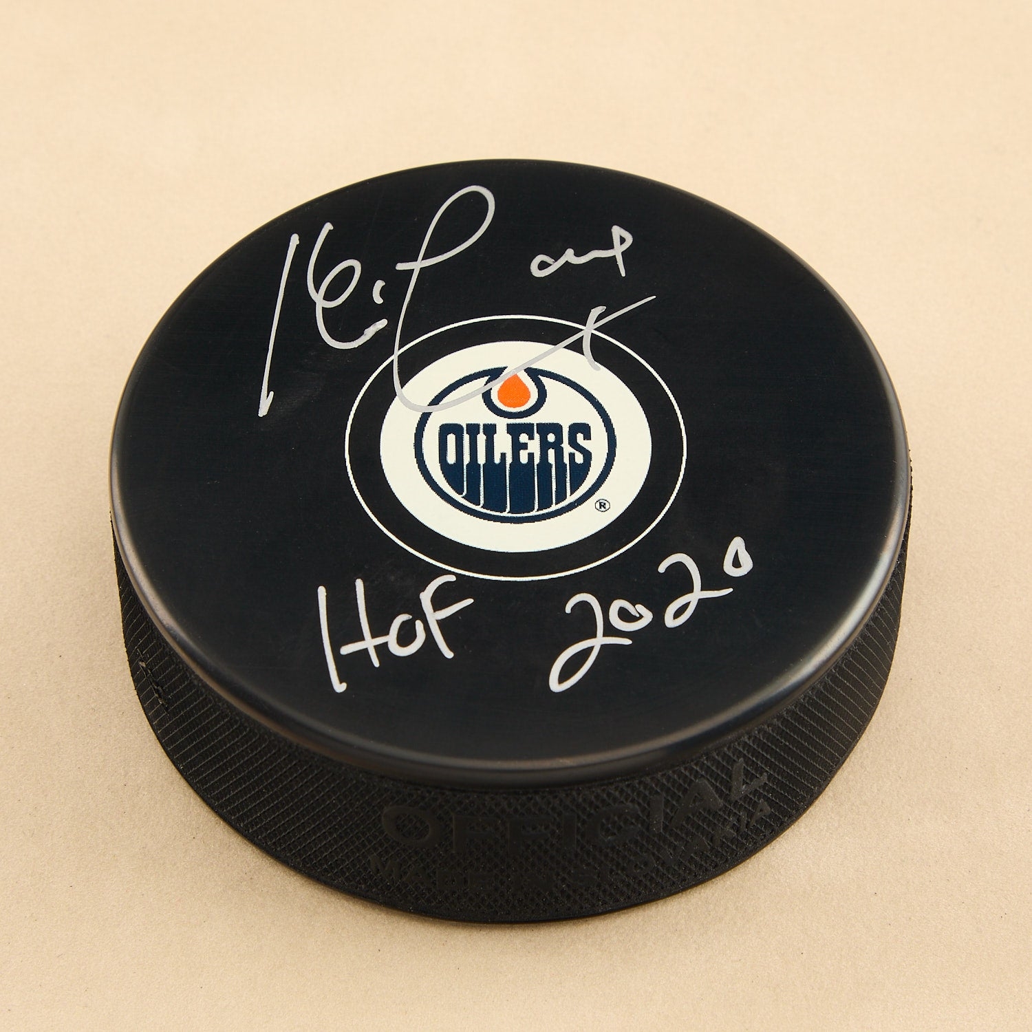 Kevin Lowe Signed Edmonton Oilers Hockey Puck with HOF Note