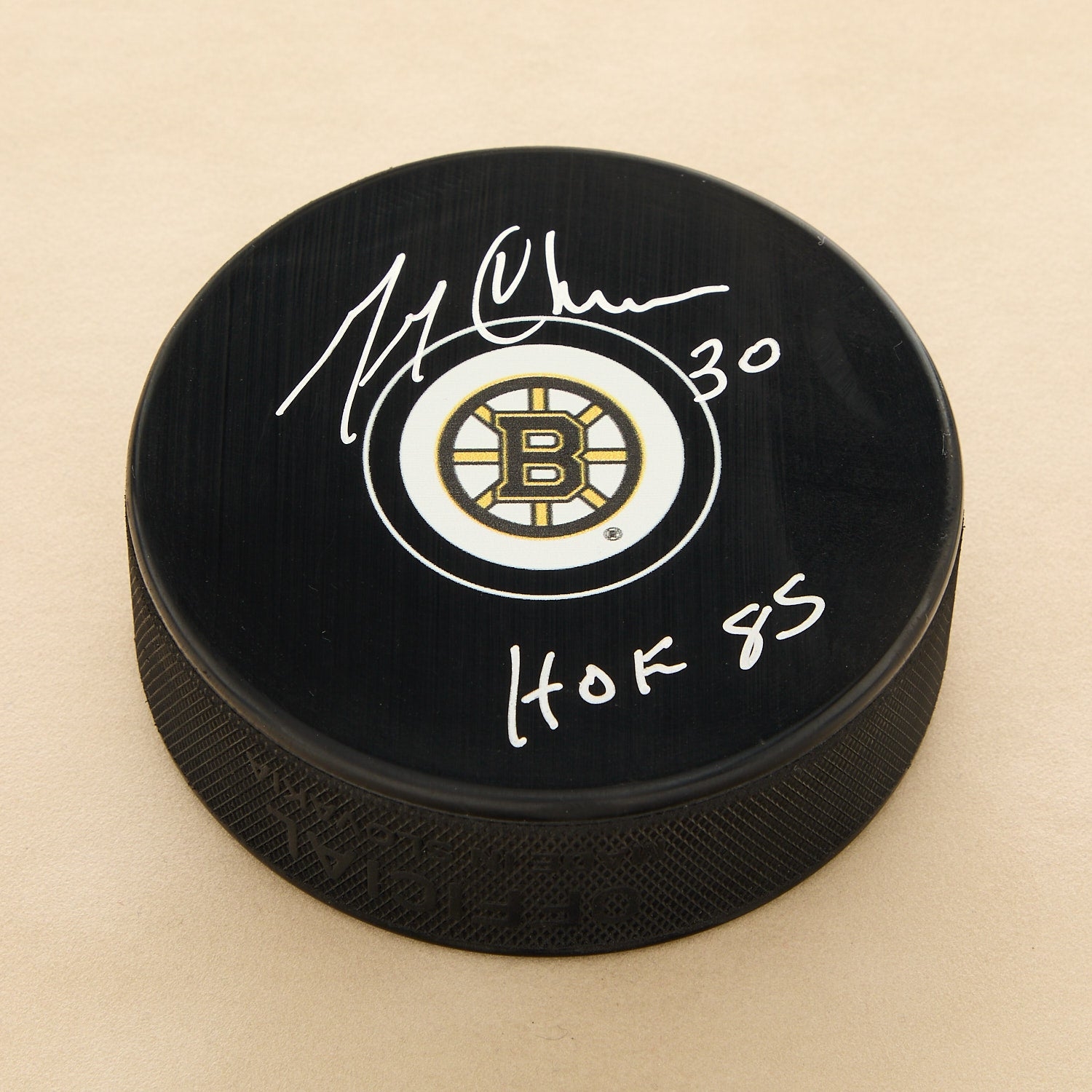 Gerry Cheevers Signed Boston Bruins Hockey Puck with HOF Note