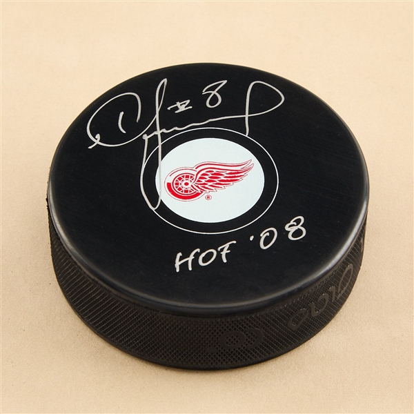 Igor Larionov Signed Detroit Red Wings Hockey Puck with HOF 08 Note
