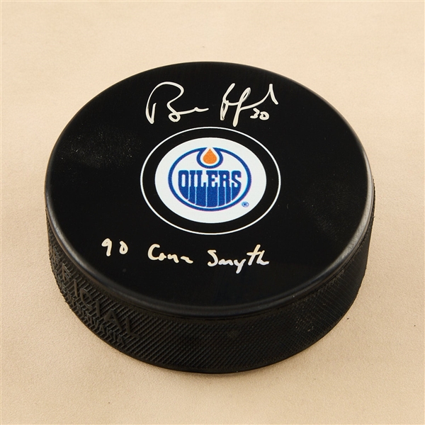 Bill Ranford Signed Edmonton Oilers Hockey Puck with 90 Conn Smythe Note