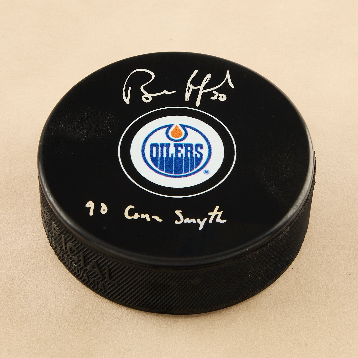 Bill Ranford Signed Edmonton Oilers Hockey Puck with 90 Conn Smythe Note
