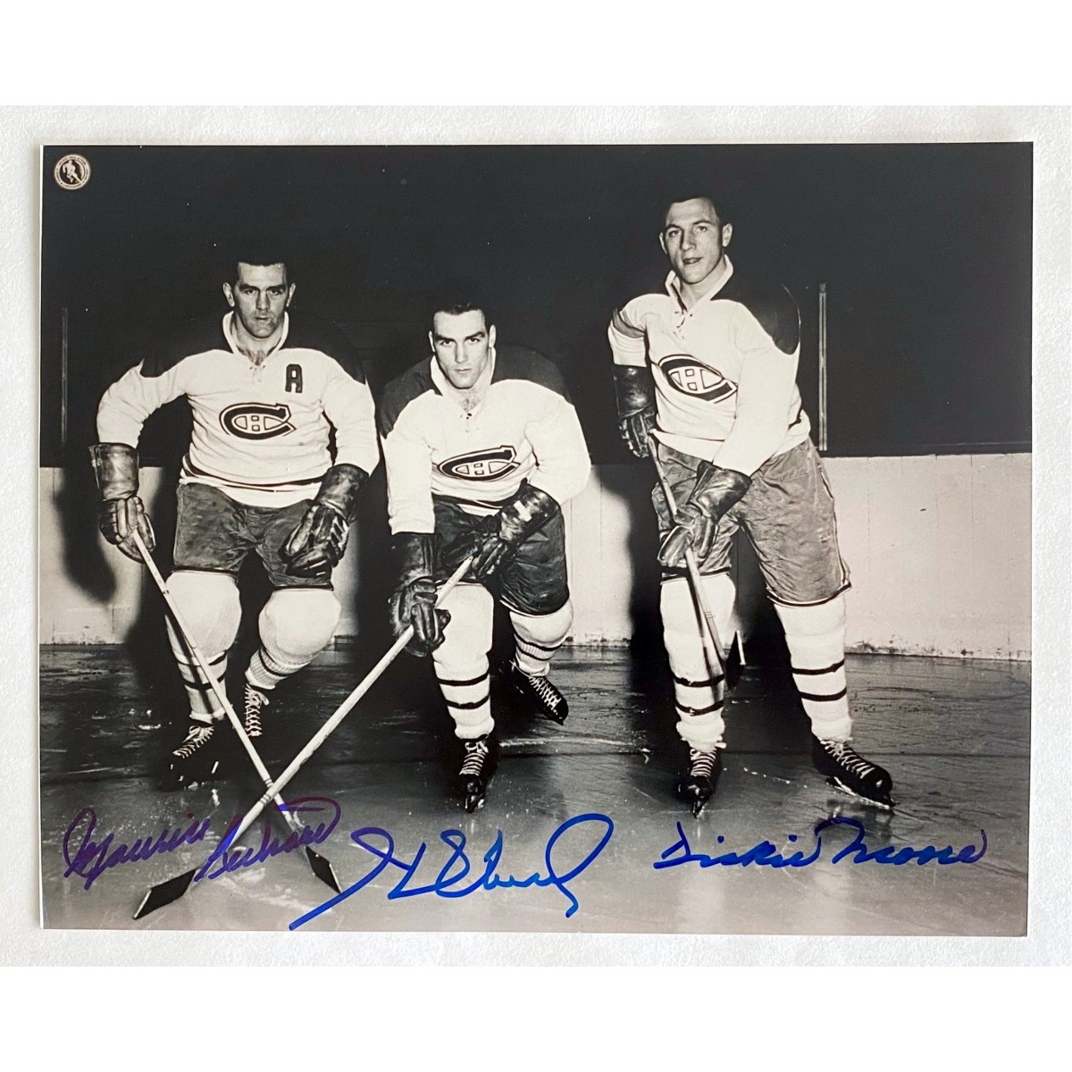 Maurice & Henri Richard, Dickie Moore Triple Signed Montreal Canadiens 8x10 Photo