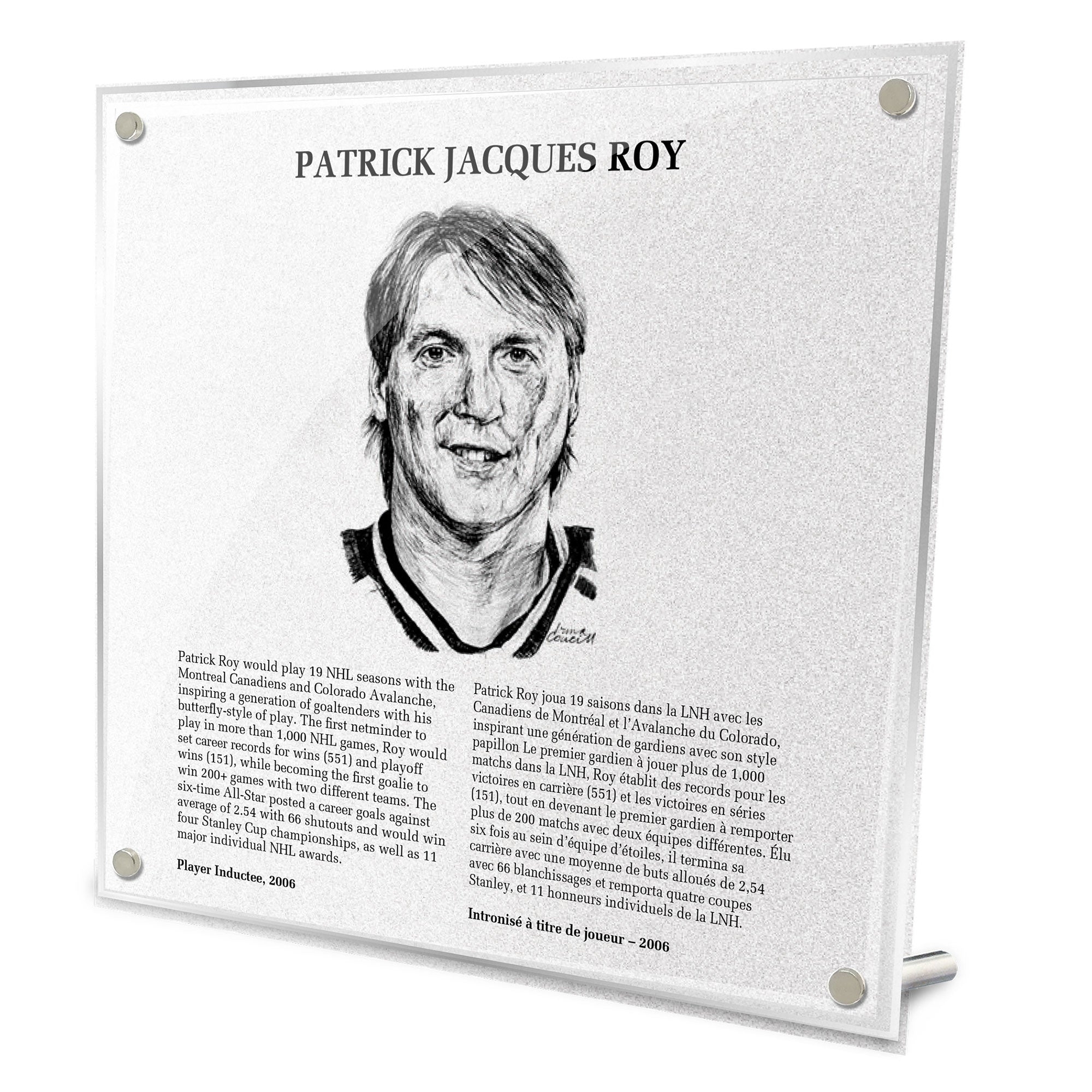 Patrick Roy Replica Hockey Hall of Fame Plaque